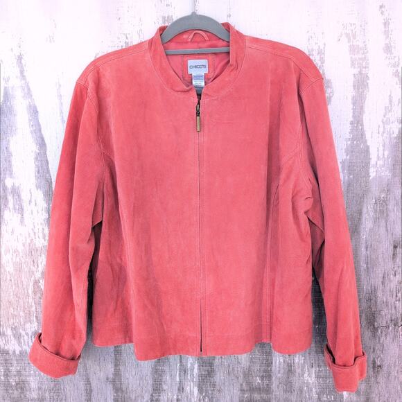 Chico's 100% Leather Moto Jacket Coral Peach Suede Tonal CleanGirl Women's XL - Picture 1 of 9
